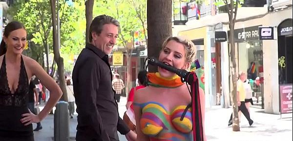  Busty cutie body painted in public